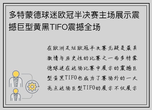 多特蒙德球迷欧冠半决赛主场展示震撼巨型黄黑TIFO震撼全场