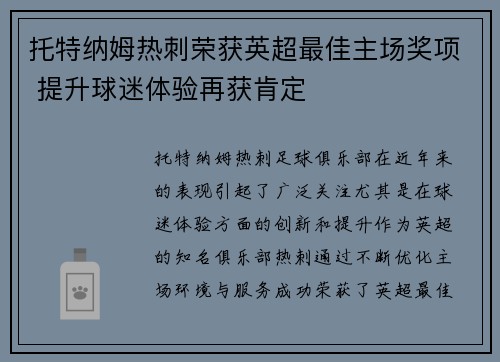 托特纳姆热刺荣获英超最佳主场奖项 提升球迷体验再获肯定