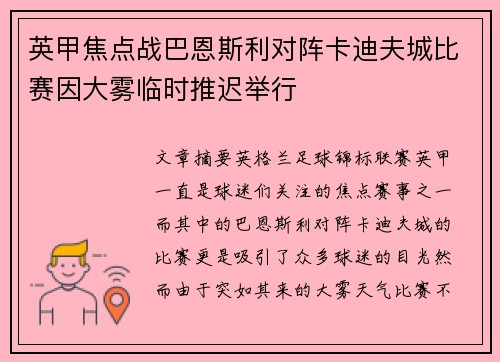 英甲焦点战巴恩斯利对阵卡迪夫城比赛因大雾临时推迟举行