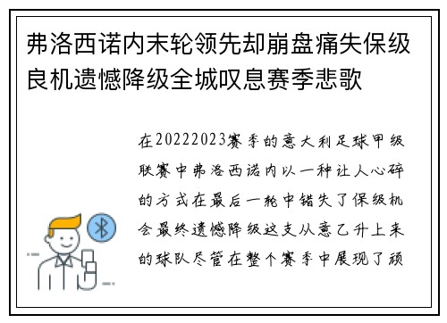 弗洛西诺内末轮领先却崩盘痛失保级良机遗憾降级全城叹息赛季悲歌