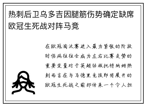 热刺后卫乌多吉因腿筋伤势确定缺席欧冠生死战对阵马竞
