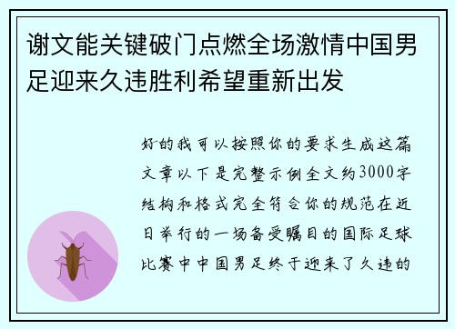 谢文能关键破门点燃全场激情中国男足迎来久违胜利希望重新出发